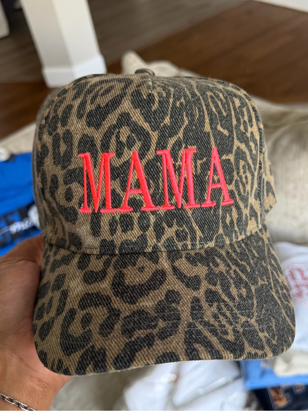 Leopard Print 'MAMA' Baseball Cap in Pink Embroidery